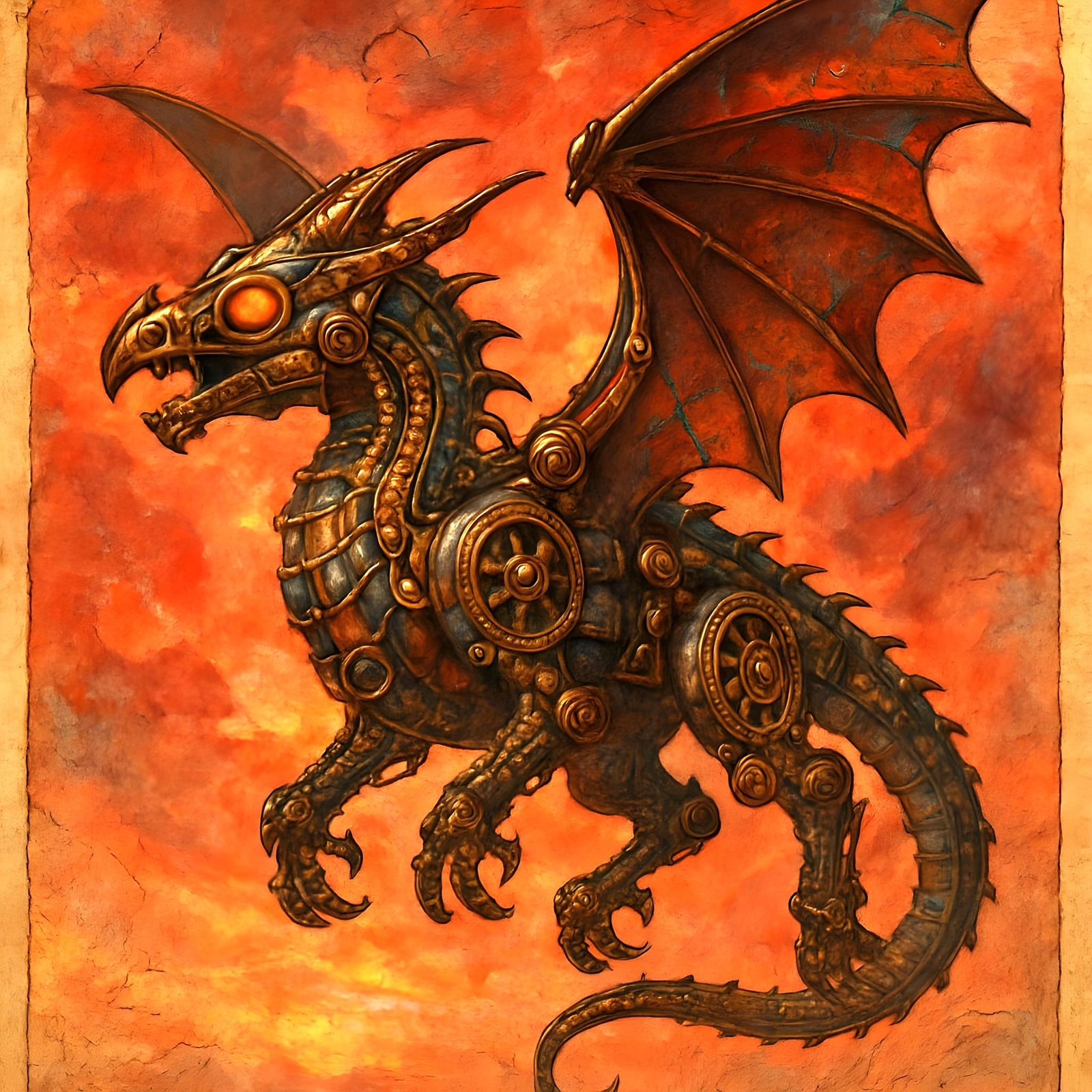 Steampunk Dragon Soars in Crimson Sky: Golden Age Illustrati...