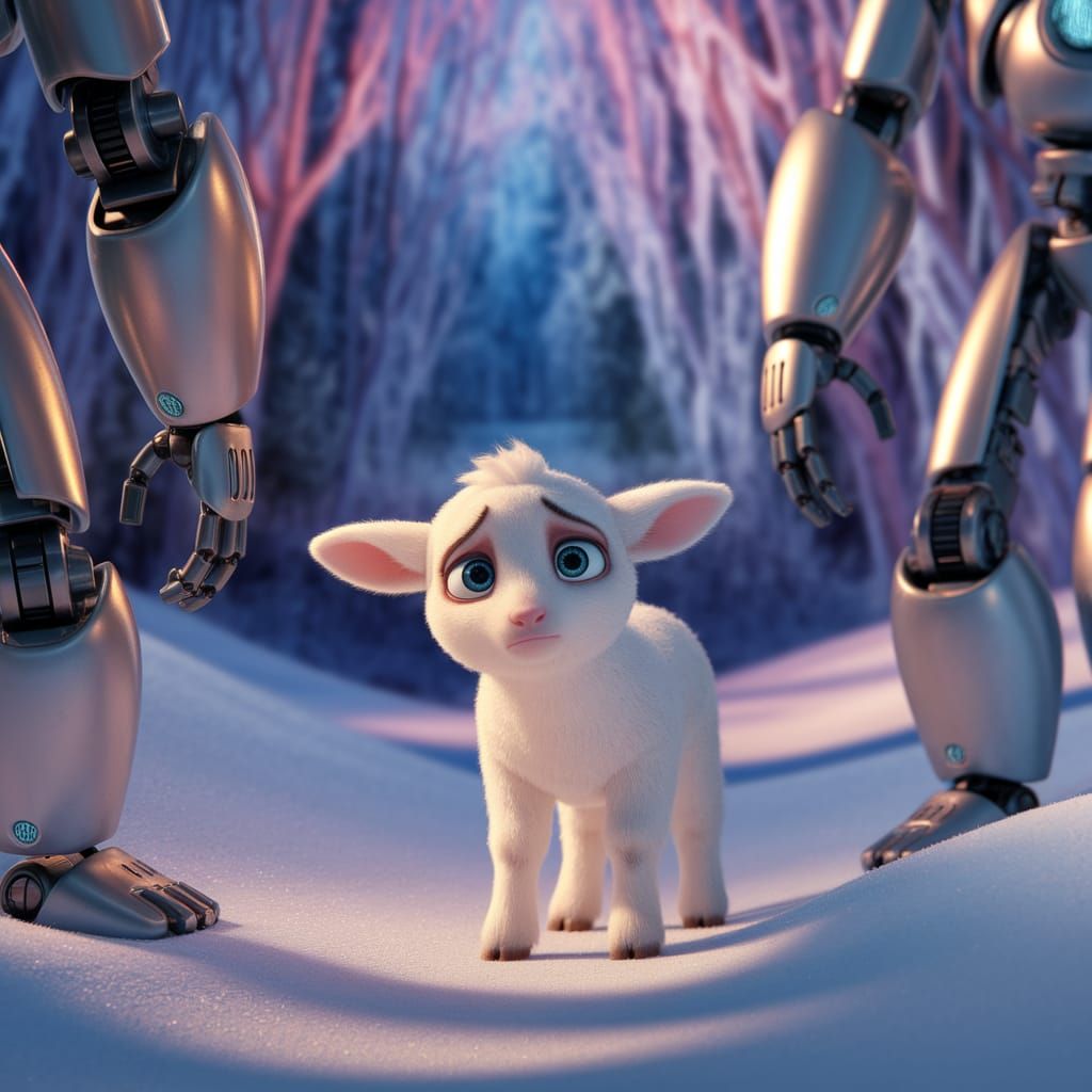 Frightened Lamb and Towering Robots in Frozen Landscape