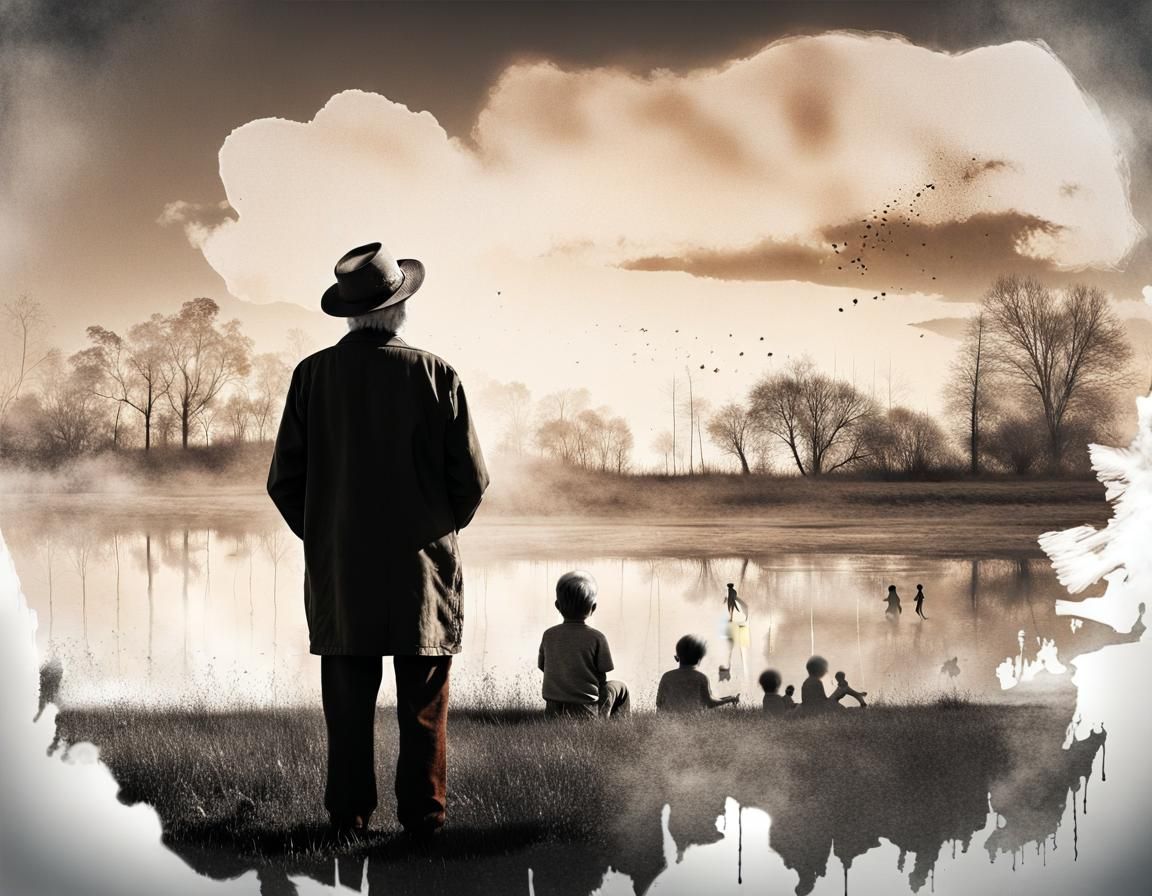 Evocative Double Exposure: Old Man and Children