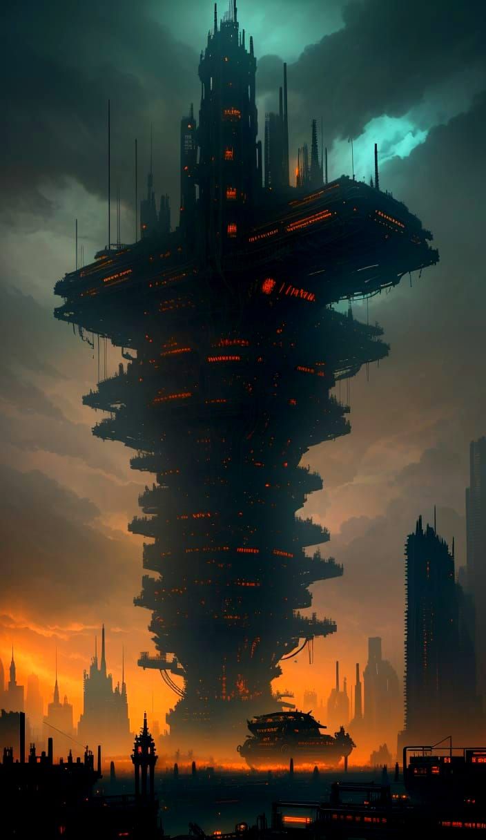 Victorian Carriage Over Futuristic Cityscape with Biomechani...