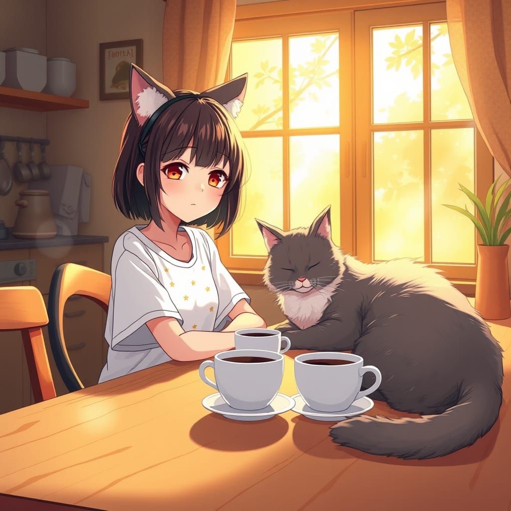 Anime Girl in Morning Kitchen with Cat