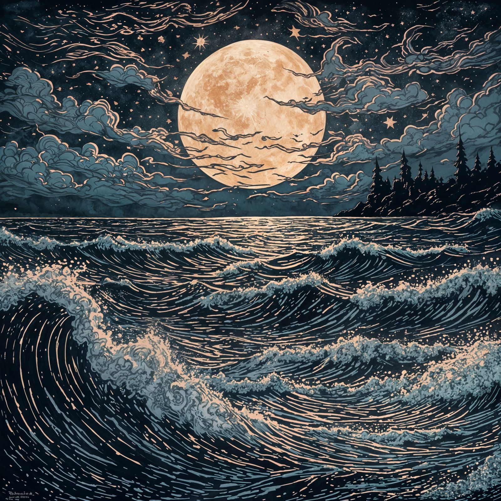 Linocut Moon Over Ocean Waves at Dusk