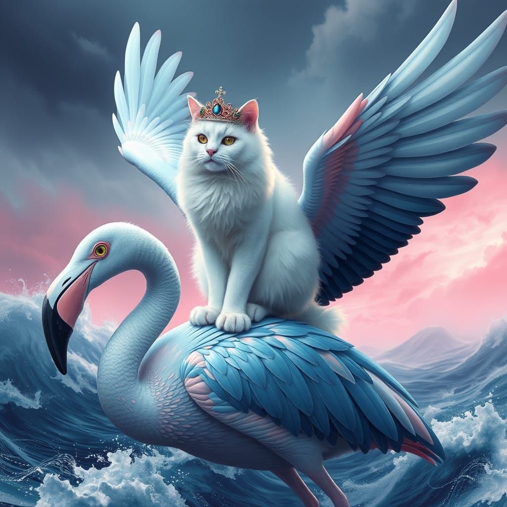 Regal White Cat Soars on Majestic Blue Flamingo Wings Above....