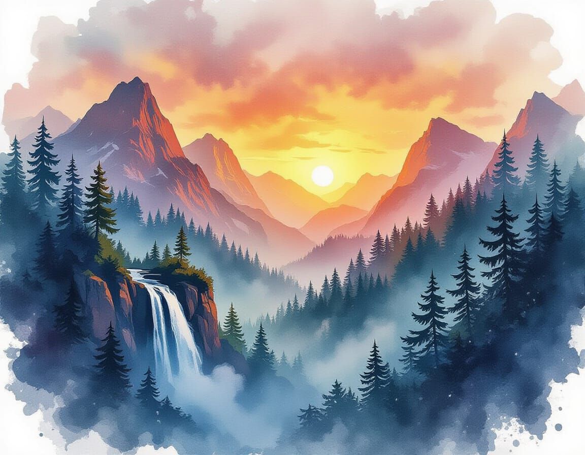 Vibrant Sunset Over Mountain Forest in Watercolor Style