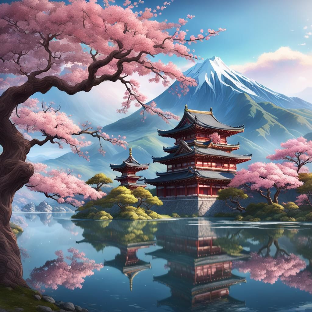 Sakura Tree by Lake with Temples, Detailed Digital Art