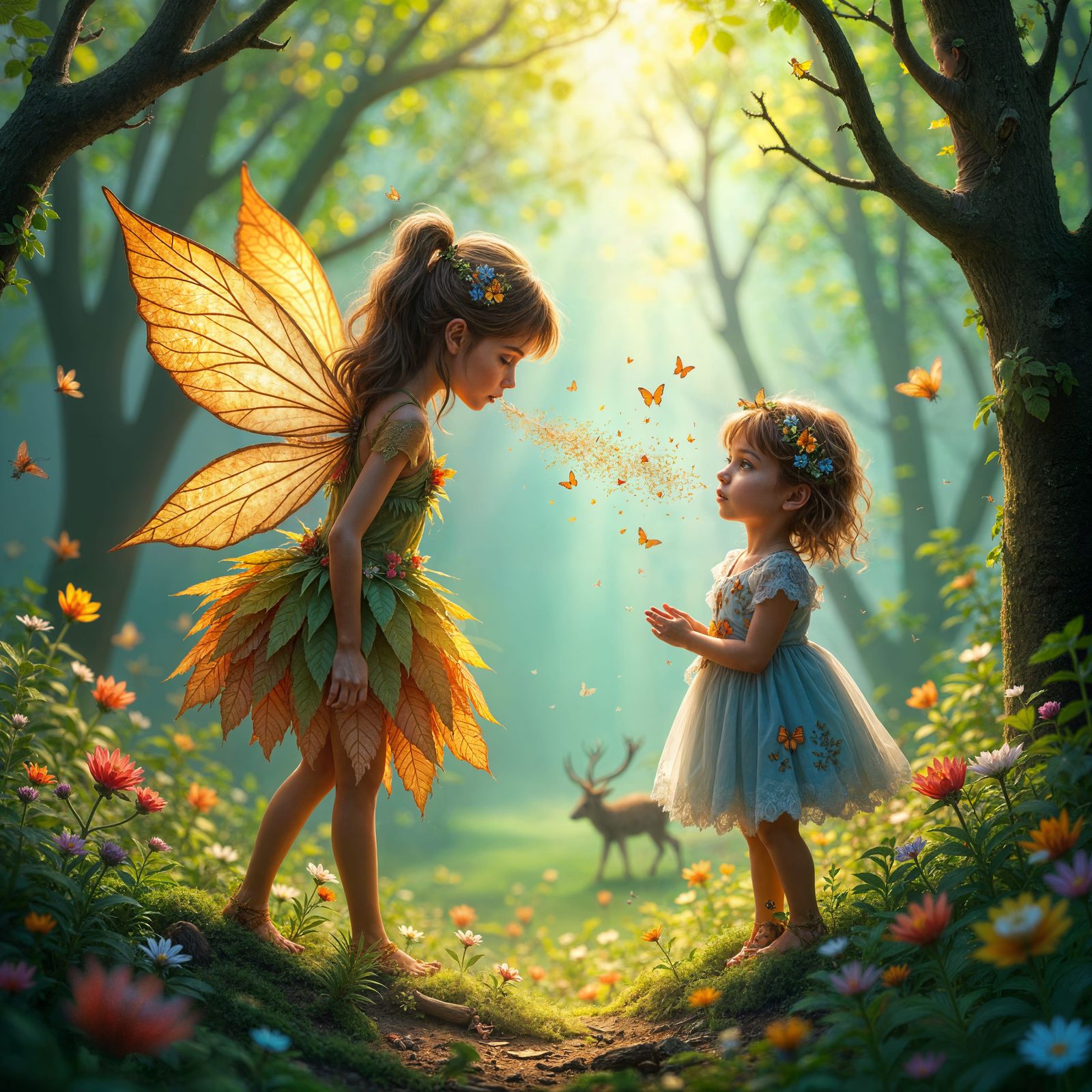 Pixie Enchants Girl with Fairy Dust in Lush Forest