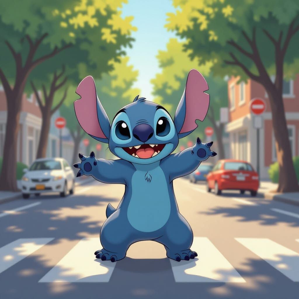 Stitch Dancing in Vibrant Anime Street Scene