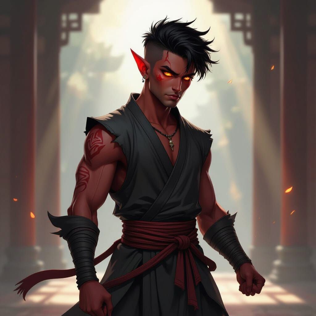 Crimson Tiefling Monk in Dim Dojo - Fantasy Concept Art