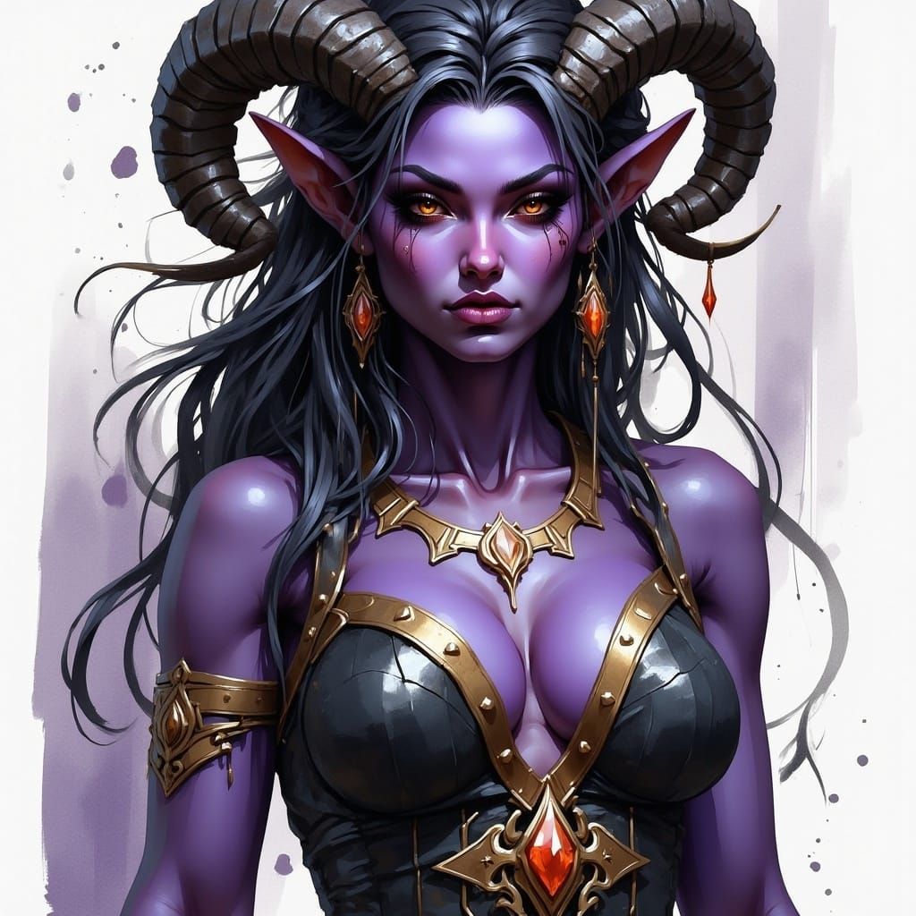 Watercolor Portrait of Tiefling Sorceress with Rams Horns