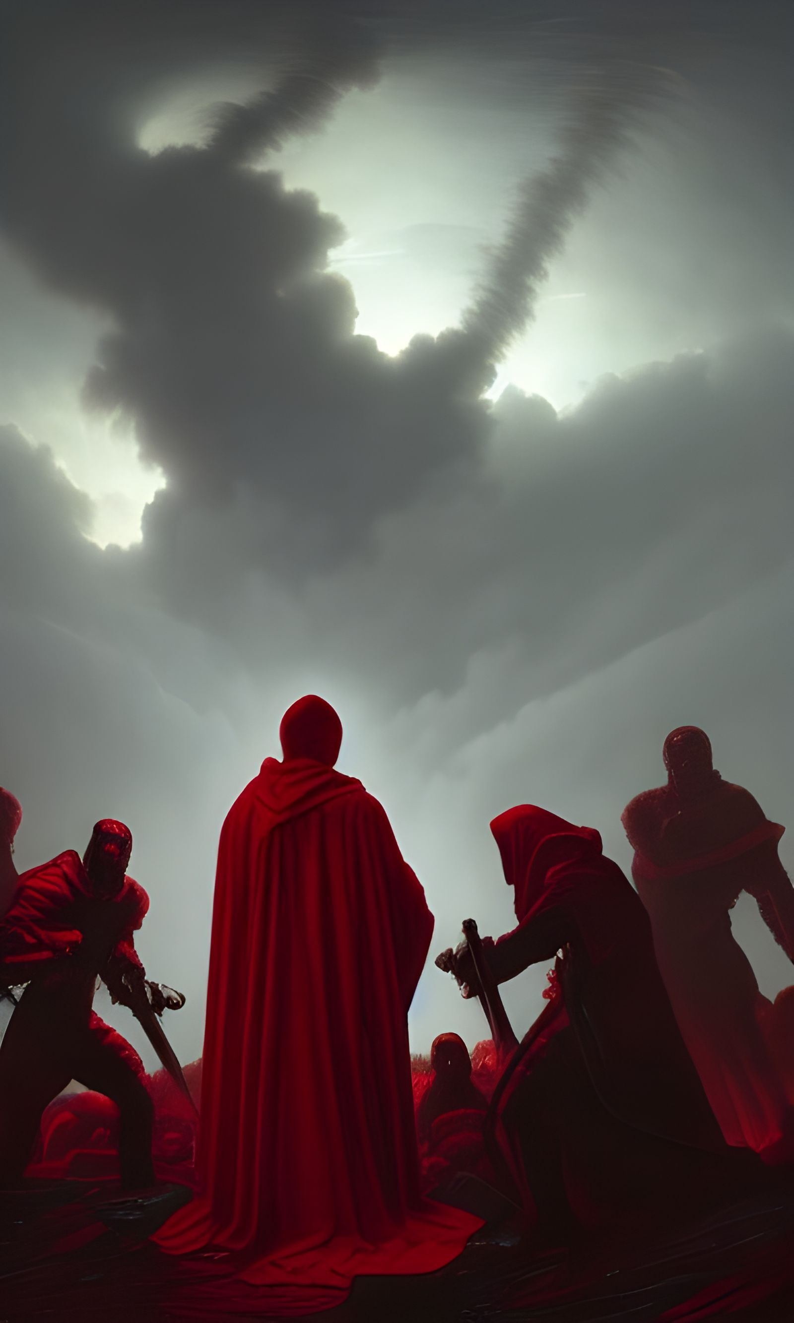 Red Cloak Figure Battling Doom in Hyperdetailed Art