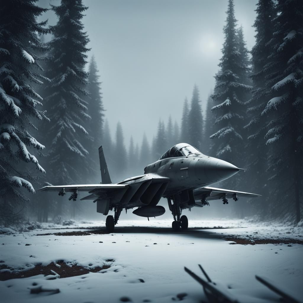 Derelict Jet Fighter in Dystopian Forest Scene