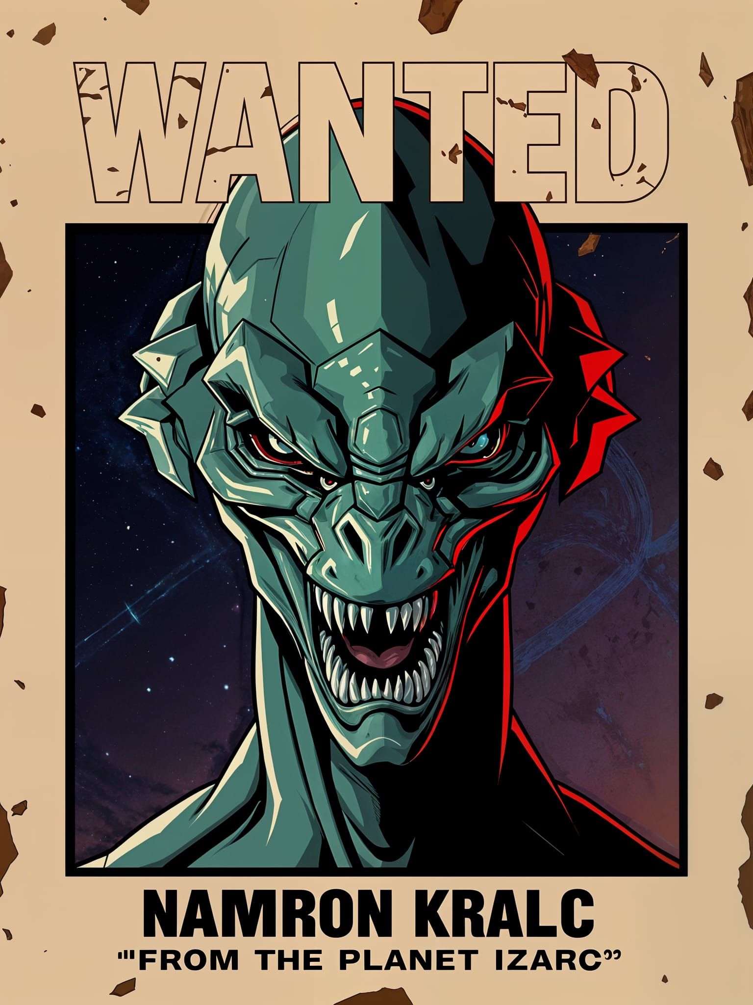 Create a 'WANTED' poster for subtitle 'Namron Kralc' sub-subtitle 'From the planet ZARG', feature a full face portrait o...