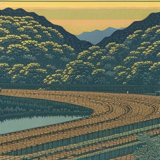 Serene Village Landscape in Shin-hanga Style