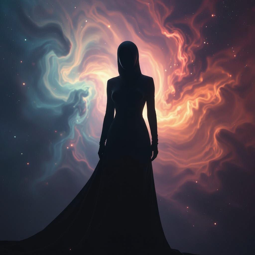 Cosmic Humanoid Silhouette in Vibrant Nebulae
