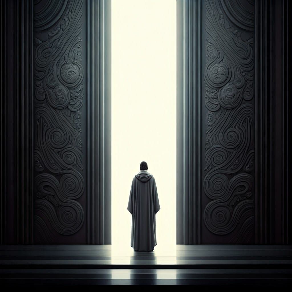 Figure Between Opposing Doors in Futuristic Style