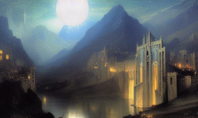 Moonlit Gondolin: A Hyperrealistic Brutalist Cityscape