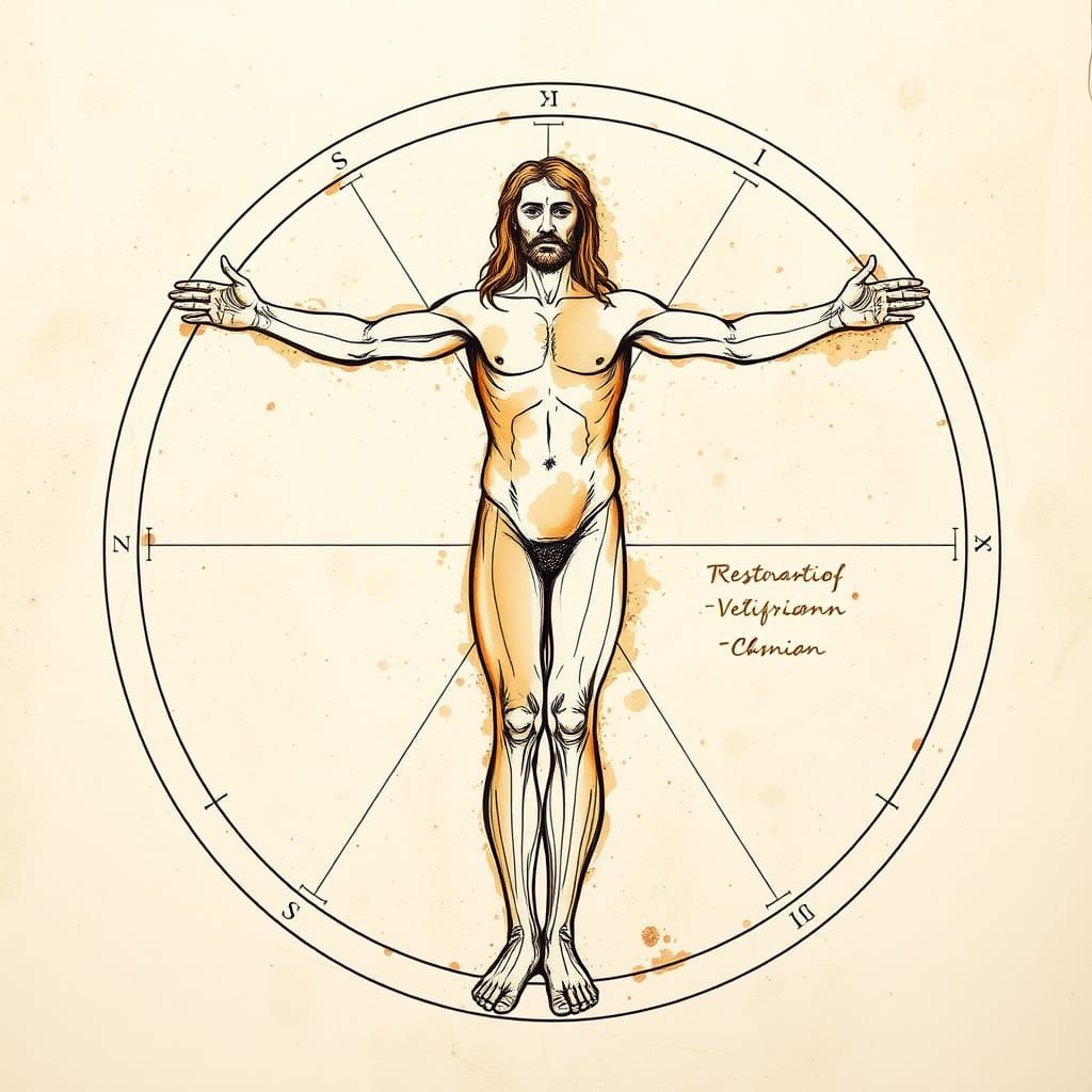 Sepia Ink Artwork of Vitruvian Man in Abstract Style