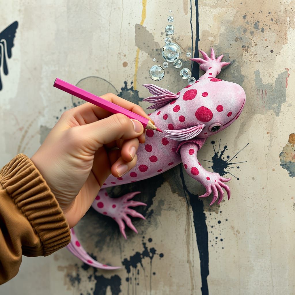 Hyperrealistic Pink Axolotl in Whimsical Artistic Style