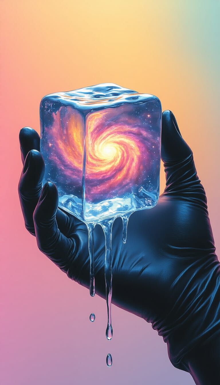 Melting Galaxy Ice Cube in Hyperrealistic Style