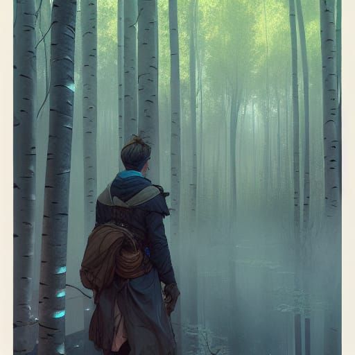 Handsome Man in Blue Smoke Birch Forest