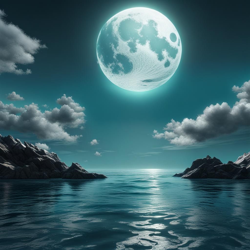 Aqua Ocean Moon Reflection in Dark Fantasy Style