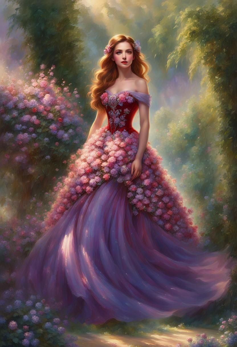 Ethereal Girl in Floral Dress, Hyperdetailed Fantasy Art