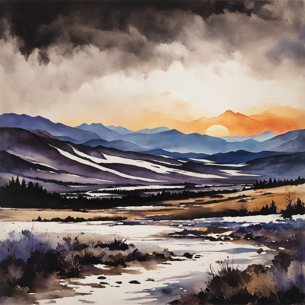 Barren Field at Sunset: Vintage Ink Painting