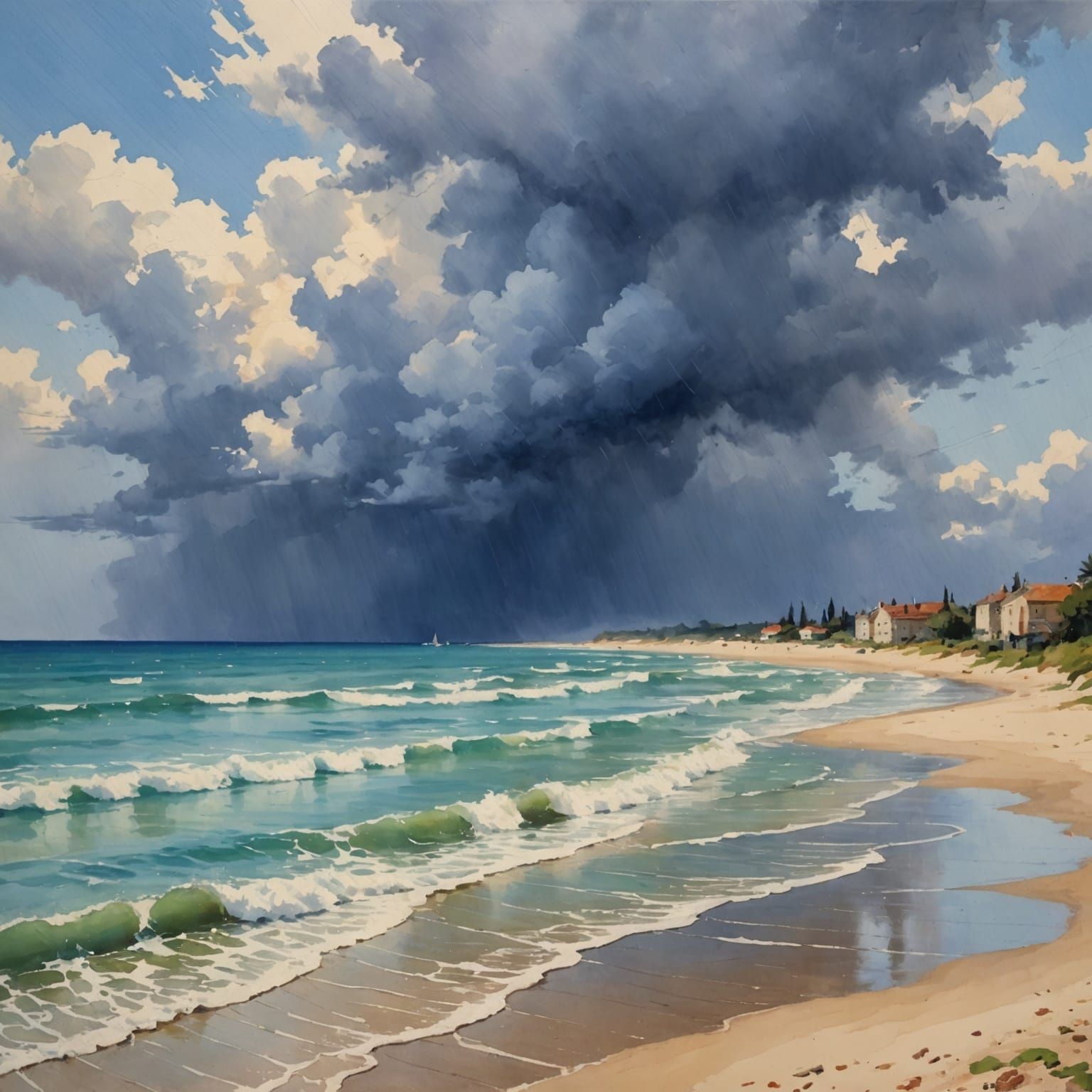 Rainy Beach Scene in Gouache Style