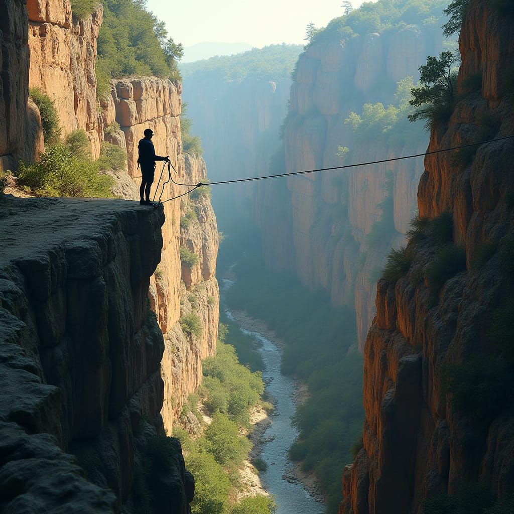 Person on Cliff Zipline into Canyon Towards Safe Pathway