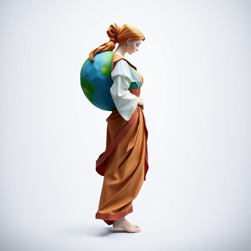 Historical Woman Balances Earth in Origami Papercraft Style