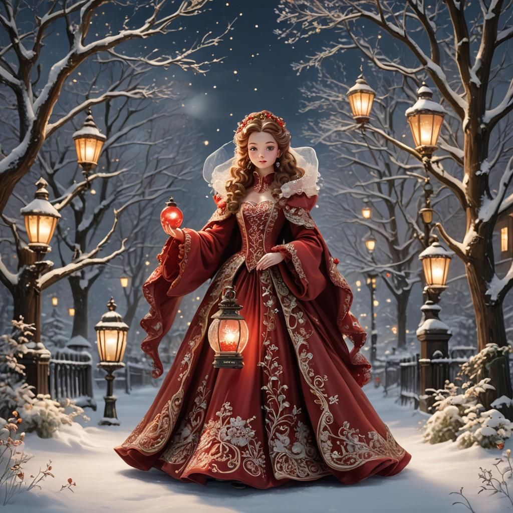 Whimsical Lady in Red Gown, 3D Watercolor Painting