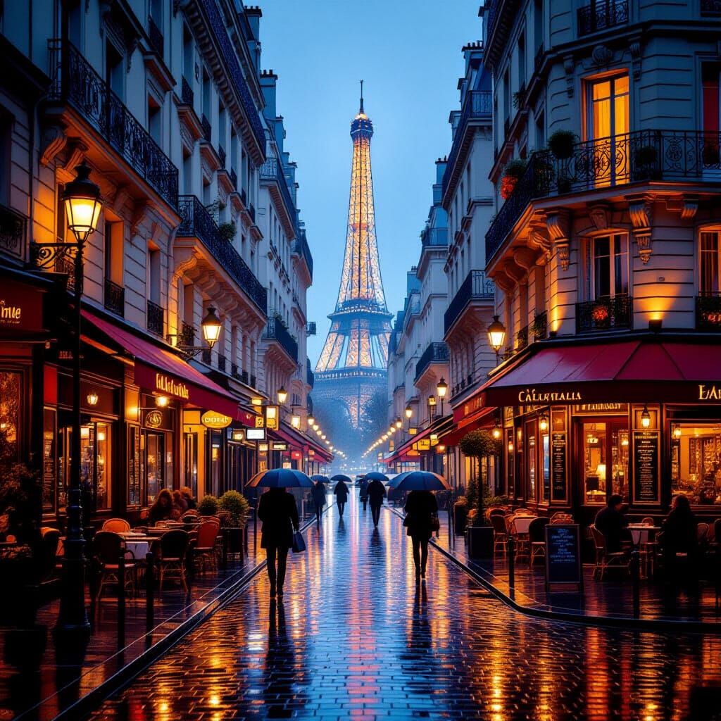 Rainy Sunset on a Romantic Parisian Street
