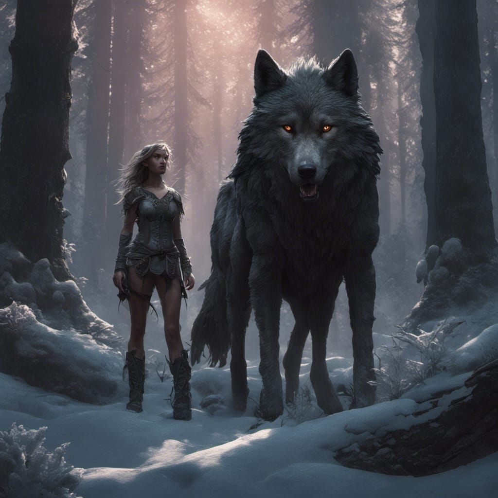 Wolf and Angel in Forest: Dark Fantasy Art