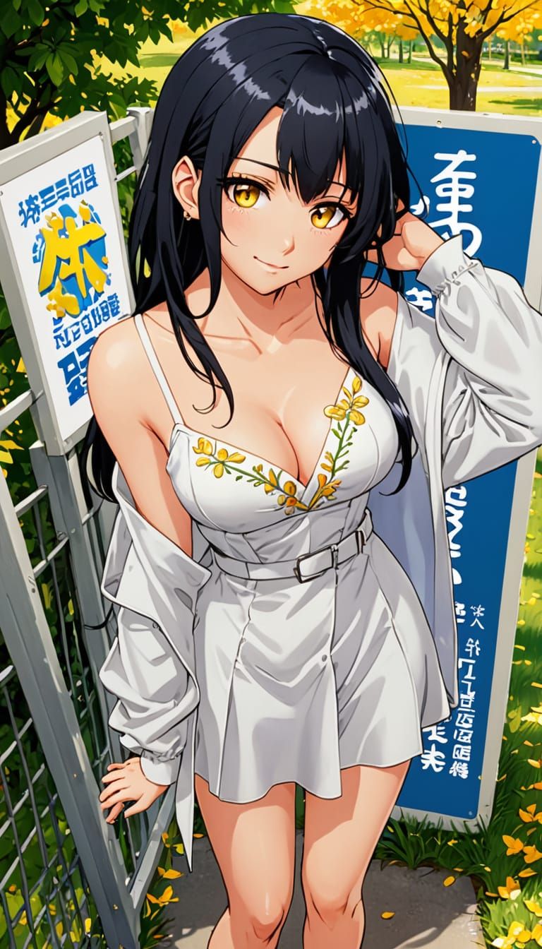 Anime Woman in White Dress and Leather Trenchcoat