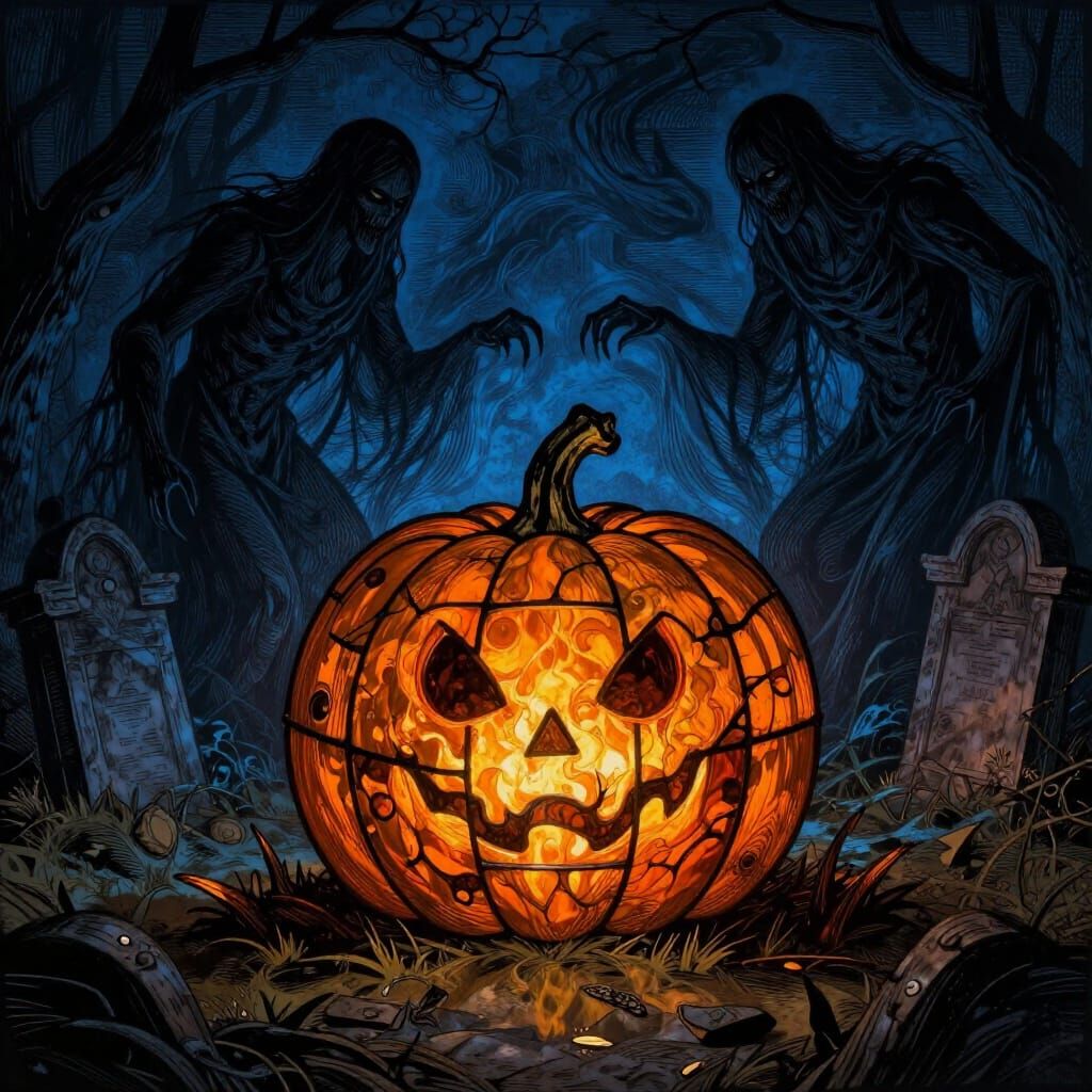 Gothic Stained Glass Pumpkin with Eerie Ghosts in Graveyard