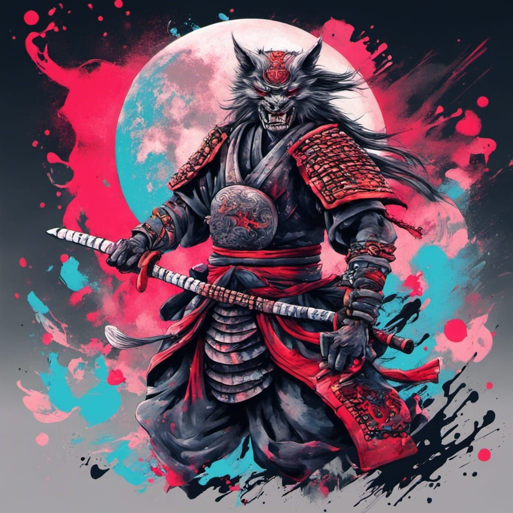Oni Samurai with Moon and Wolf in Graffiti Style