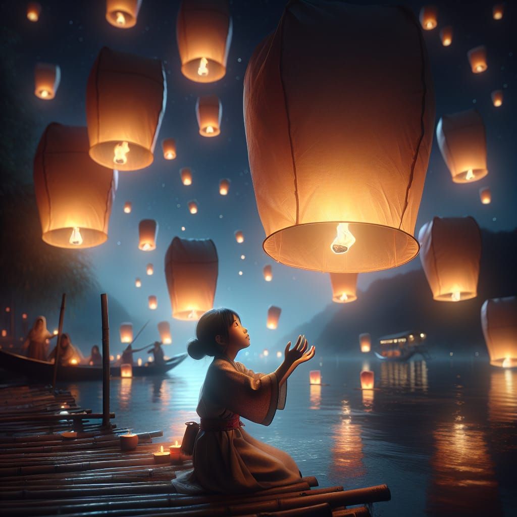 Girl Releases Lanterns into Night Sky