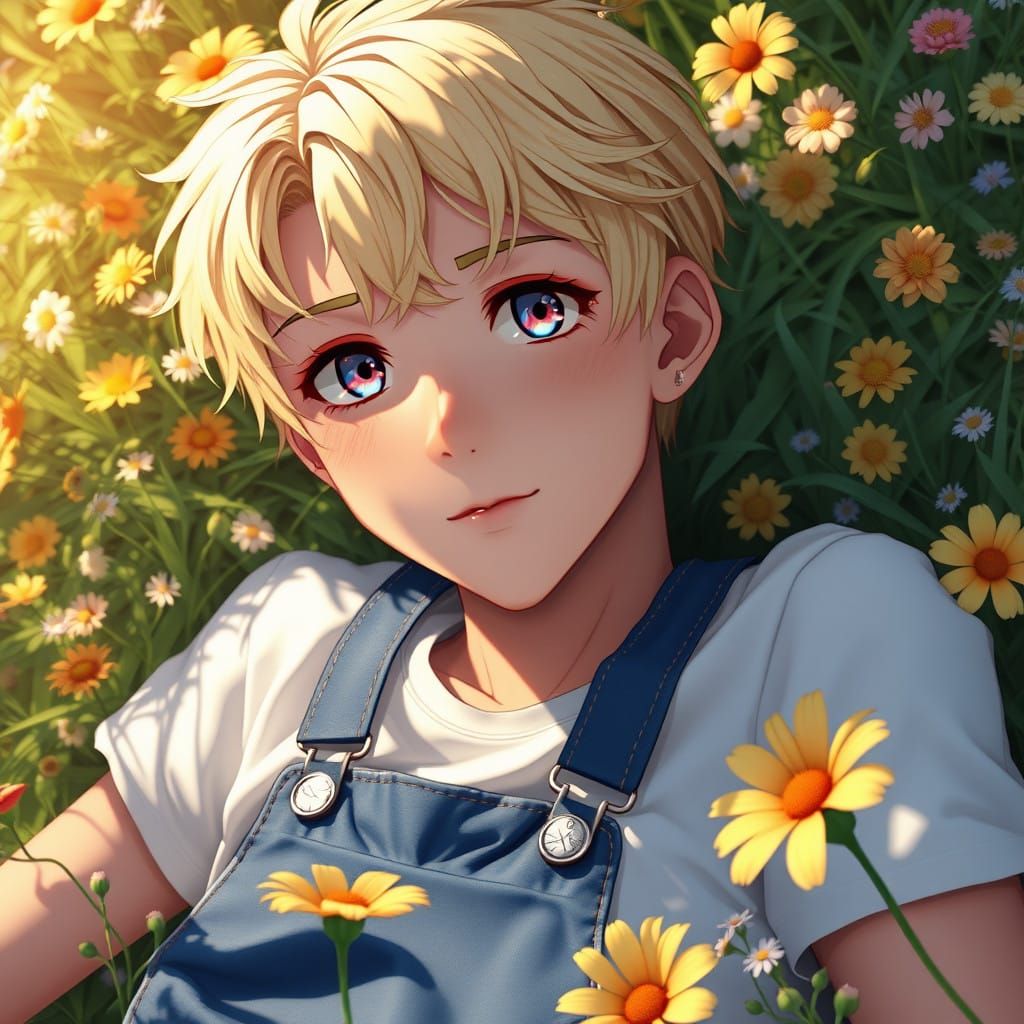 Charming Anime-inspired Gentleman in a Floral Oasis