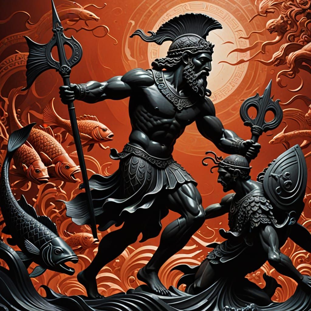 Ancient Greek Sea God Triumphs in Vibrant Black Figure Style