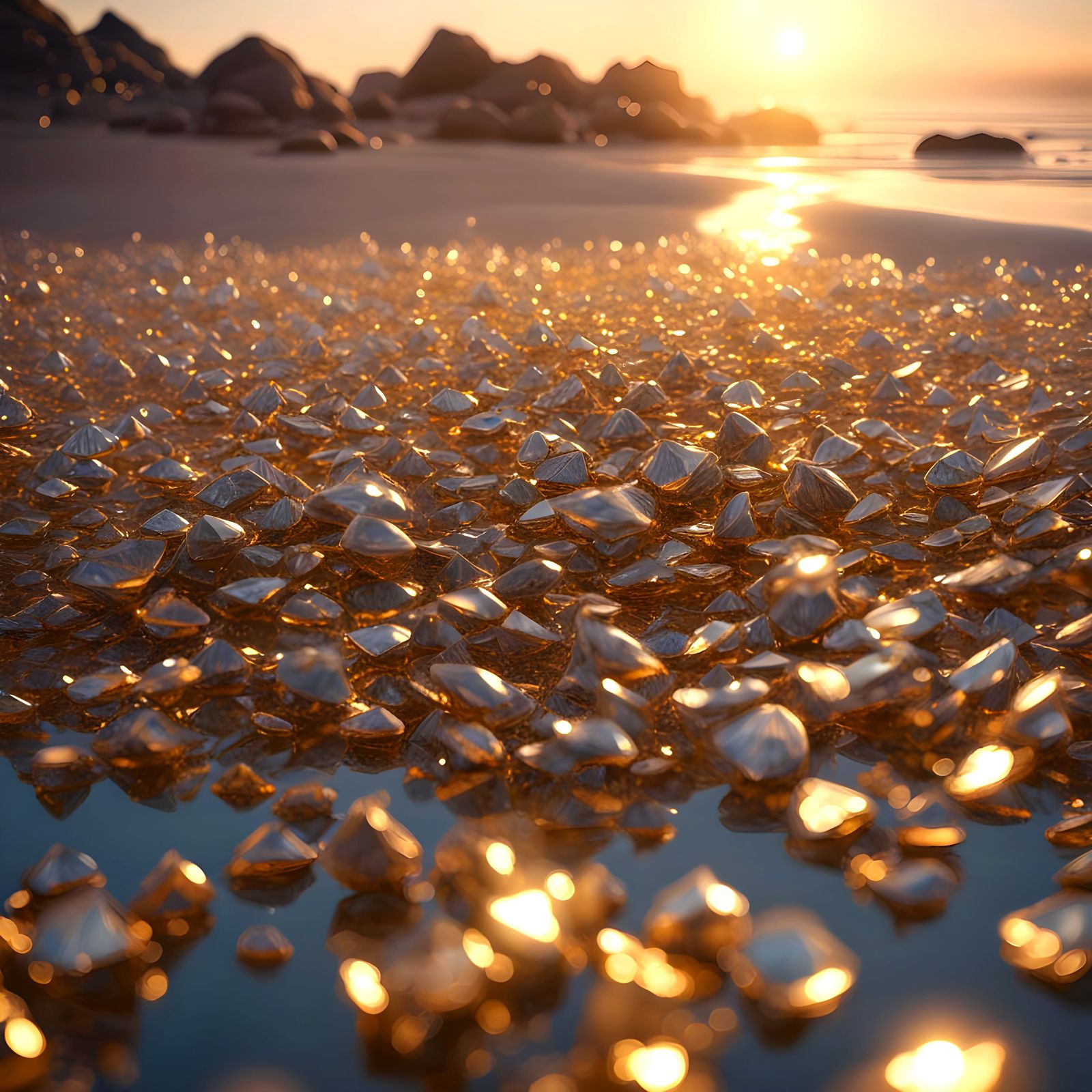 Diamonds Washed Up on Beach at Dawn: Fantasy Art