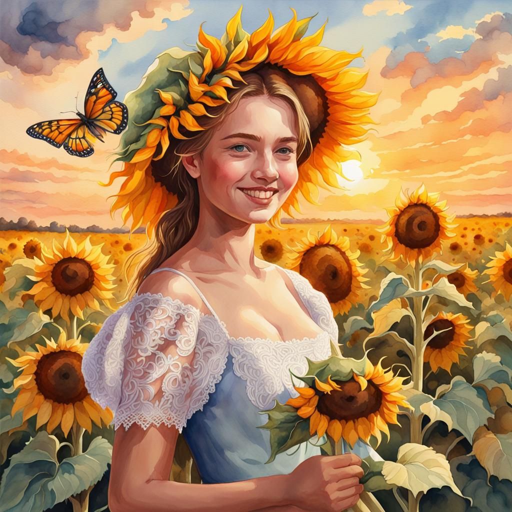 Girl Harvesting Sunflowers in Watercolor Painting