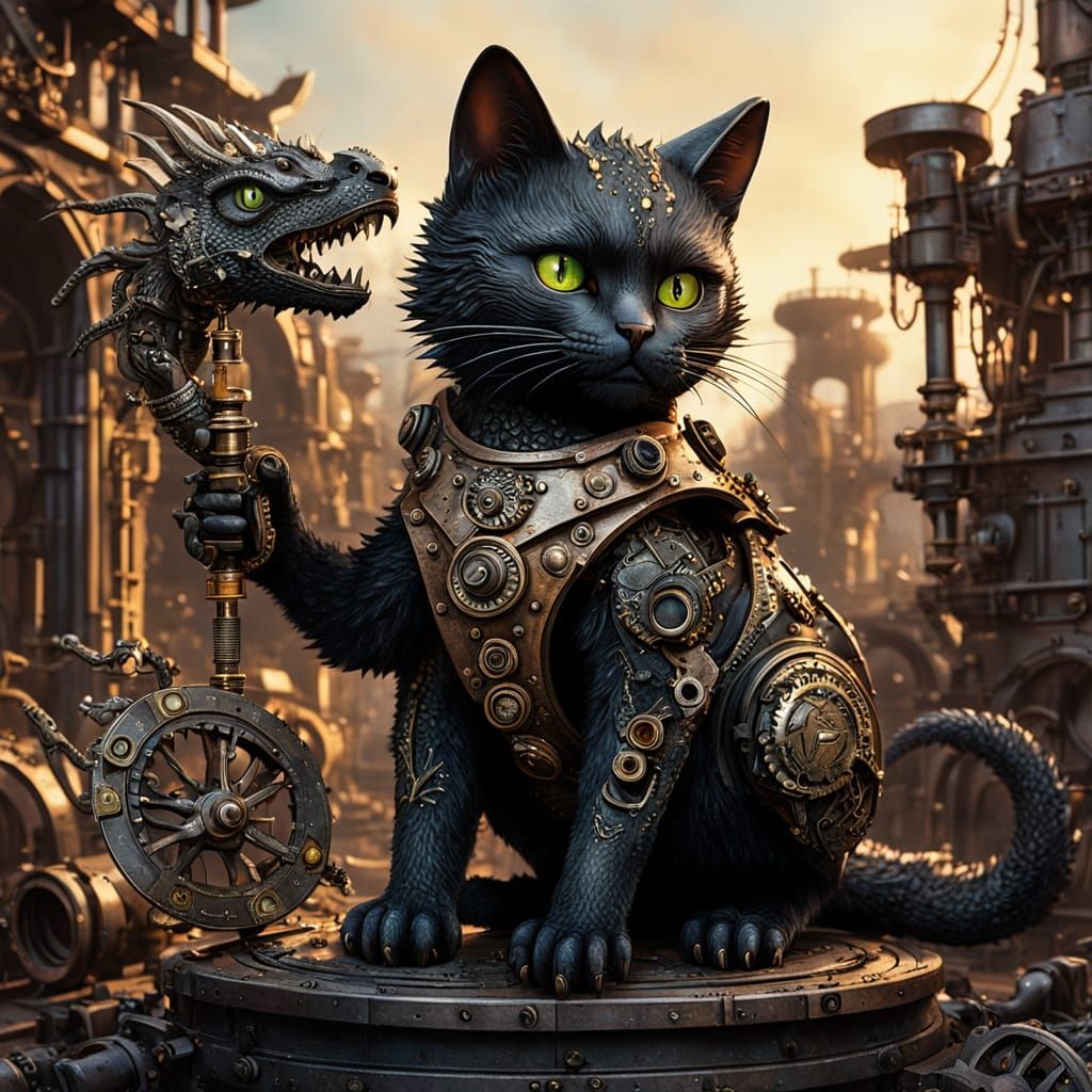 Cute Steampunk Cat with Dragon Body and Scales Amidst Ancien...