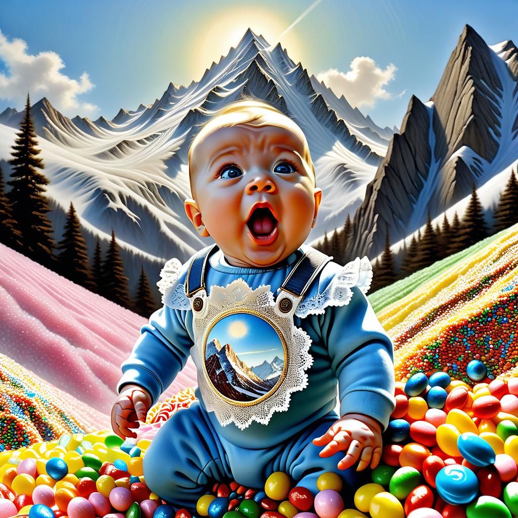 Surprised Baby on Candy Mountain in Anime Style