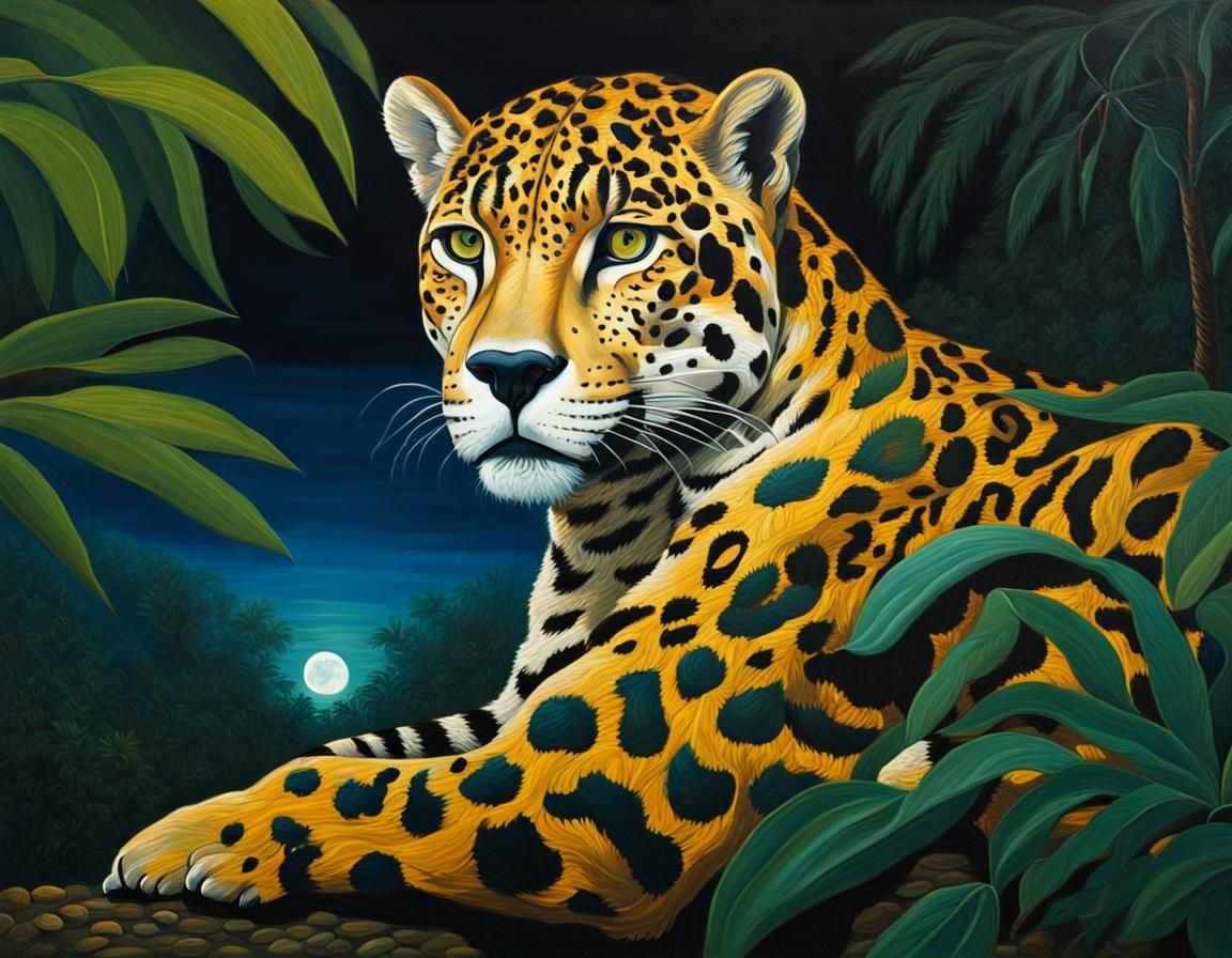 Jaguar Portrait in Amazon Rainforest, Rousseau Style