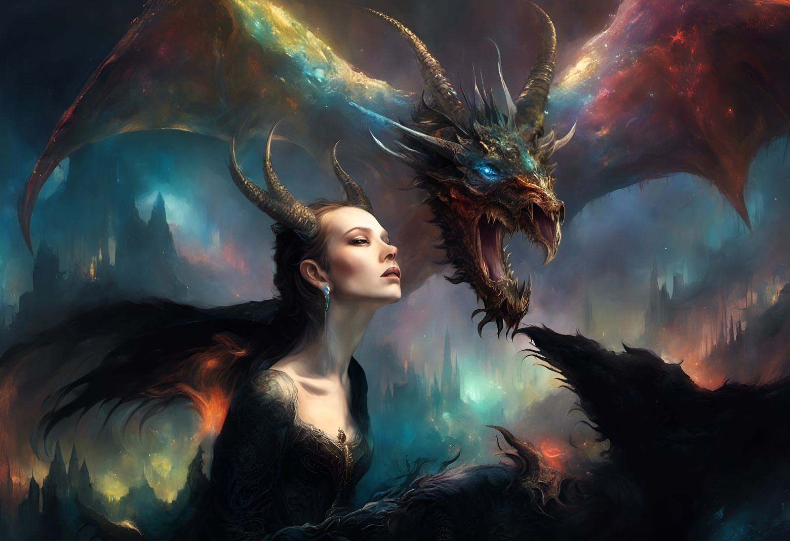 Eerie Dragon and Horned Skull in Dark Fantasy Style