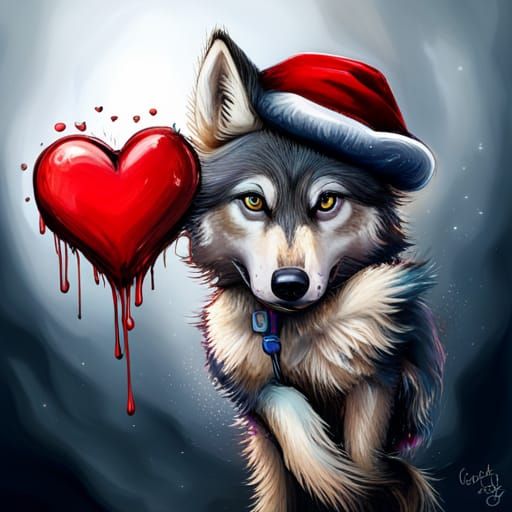 Cartoon Wolf with Heart in Graffiti Art Style