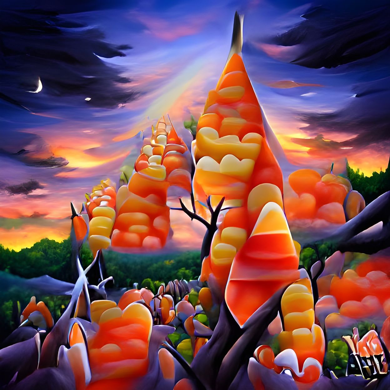 Candy Corn Forest at Dawn: Detailed Painting