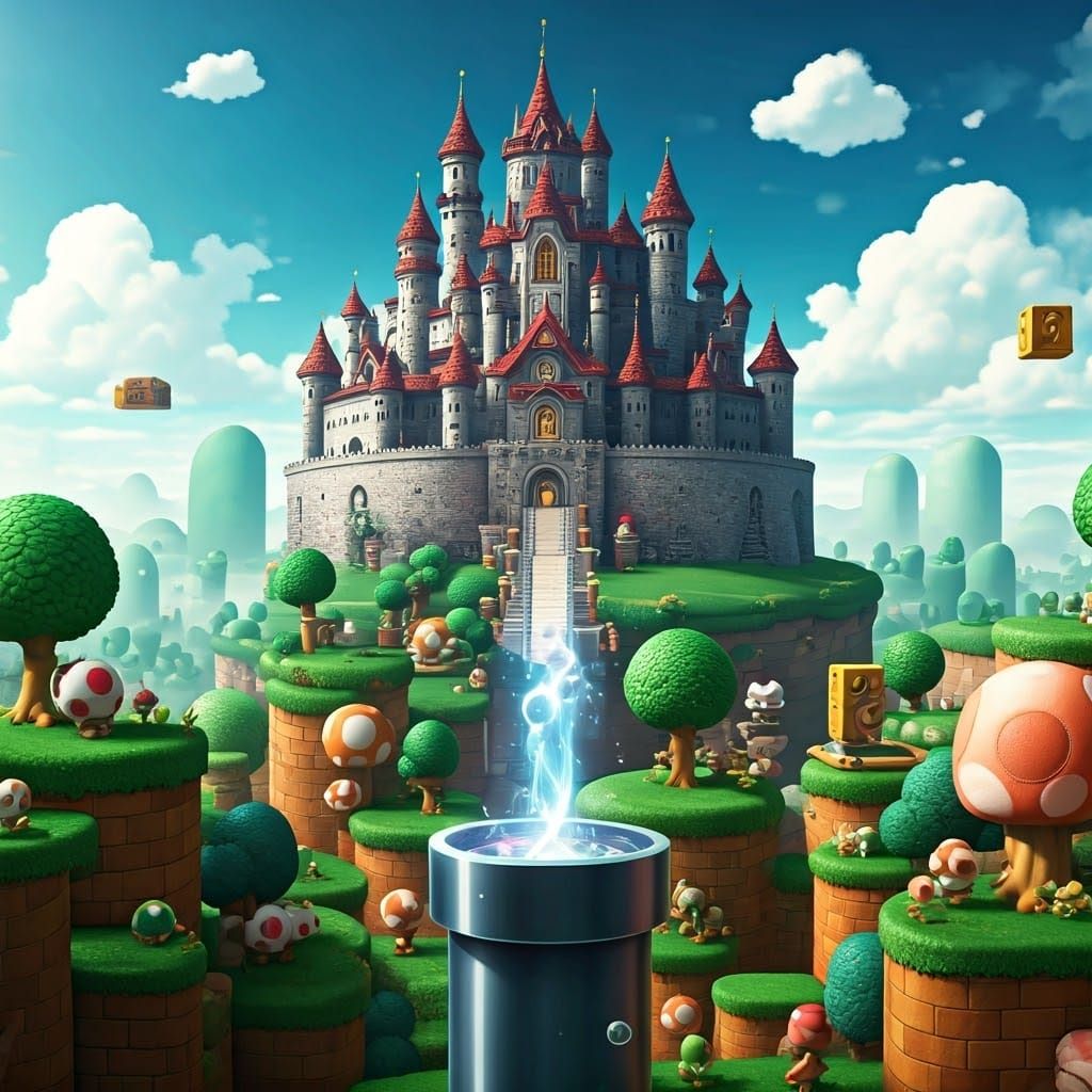 Surreal Fantasy Landscape of Mushroom Kingdom in Cyberpunk-S...