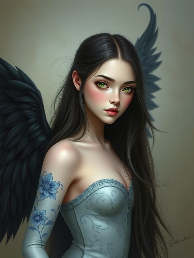 Ethereal Fantasy Goddess with Wings and Porcelain Arm