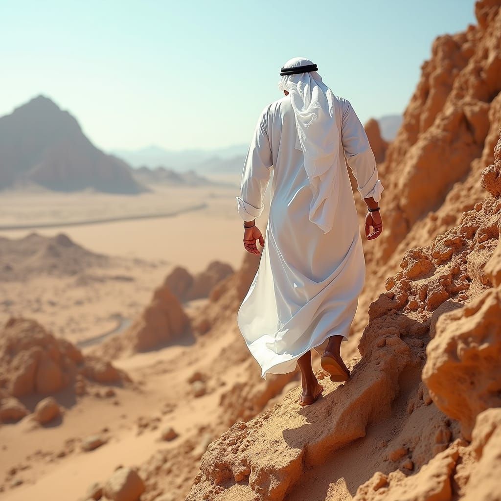 Arab Man Climbs Rocky Desert Mountain in Origami-Inspired Ae...